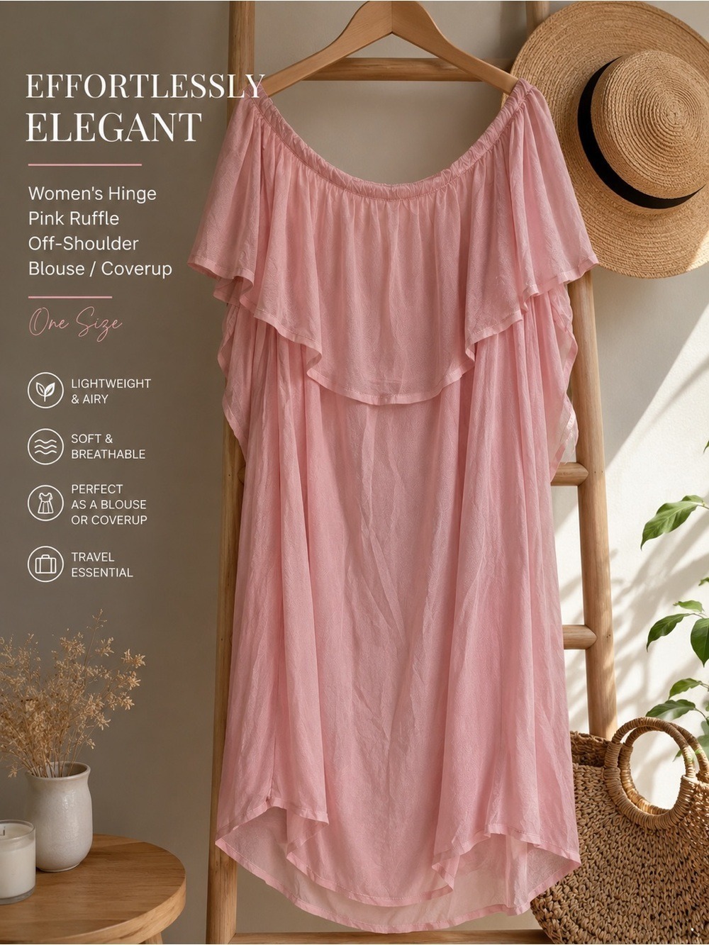 Hinge Pink Crystal Off Shoulder Ruffle Coverup Blouse One Size NWT